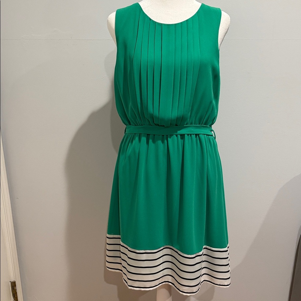 She + Sky Green W/Navy & White Striped Hem Sleeveless Pleated Top Dress-Sz Large